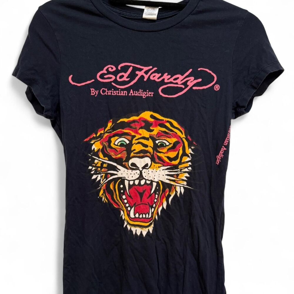 Ed Hardy Women's 2000s Vintage Y2k Black Tiger Print Graphic T-shirt Top